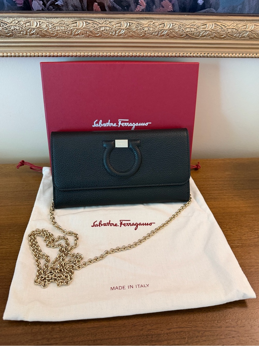 Ferragamo City Grainy Leather Wallet with Chain